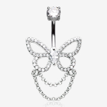 Grand Butterfly Sparkle Chained Belly Button Ring-Clear Gem